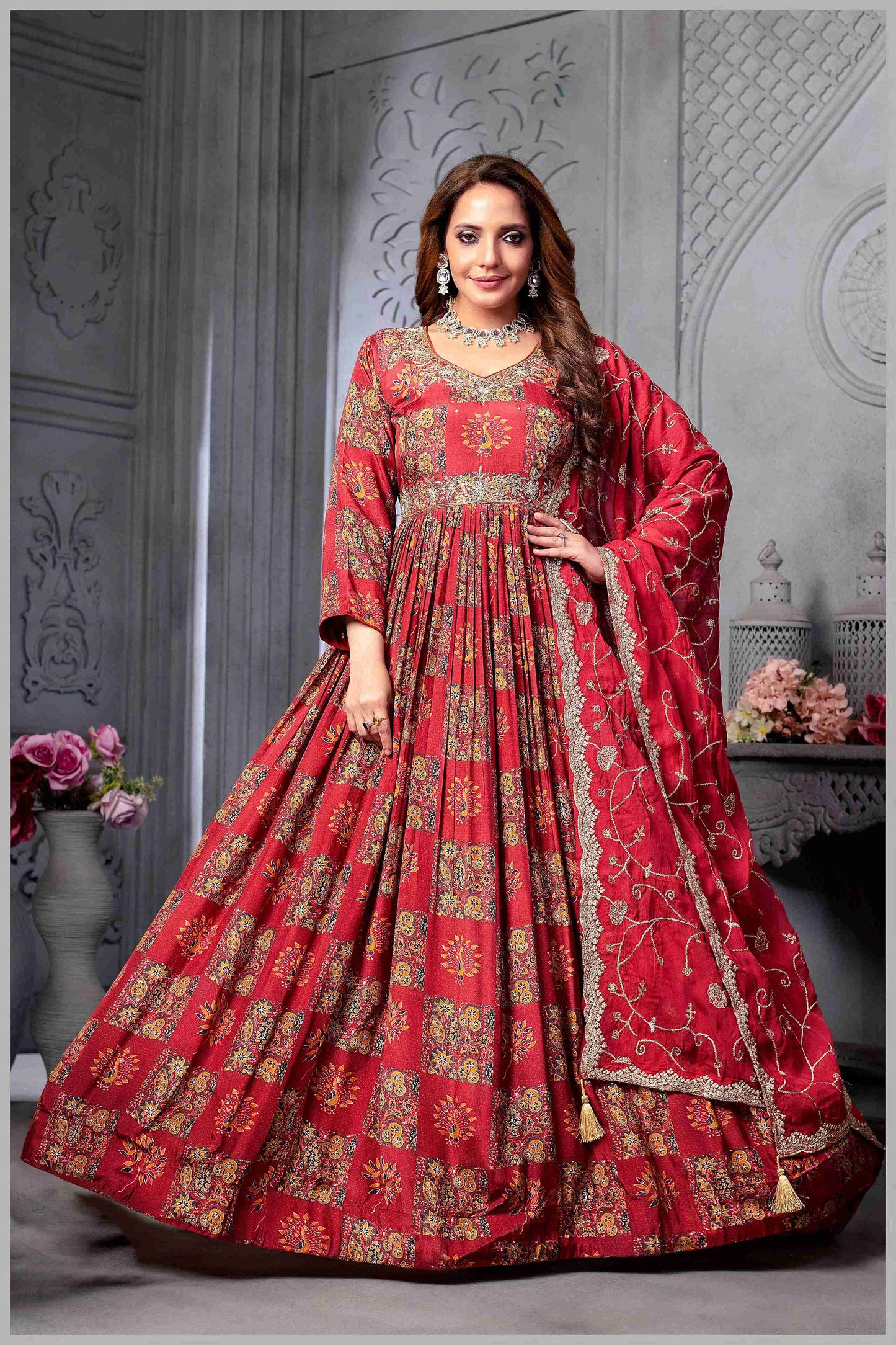 Red Muslin Printed Anarkali Gown with Embroidered Net Dupatta