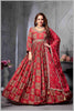 Red Muslin Printed Anarkali Gown with Embroidered Net Dupatta
