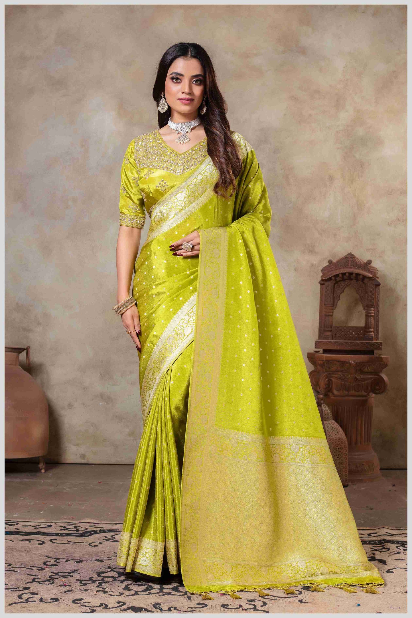 Mehendi Tissue Silk Saree with Golden Zari Weaving
