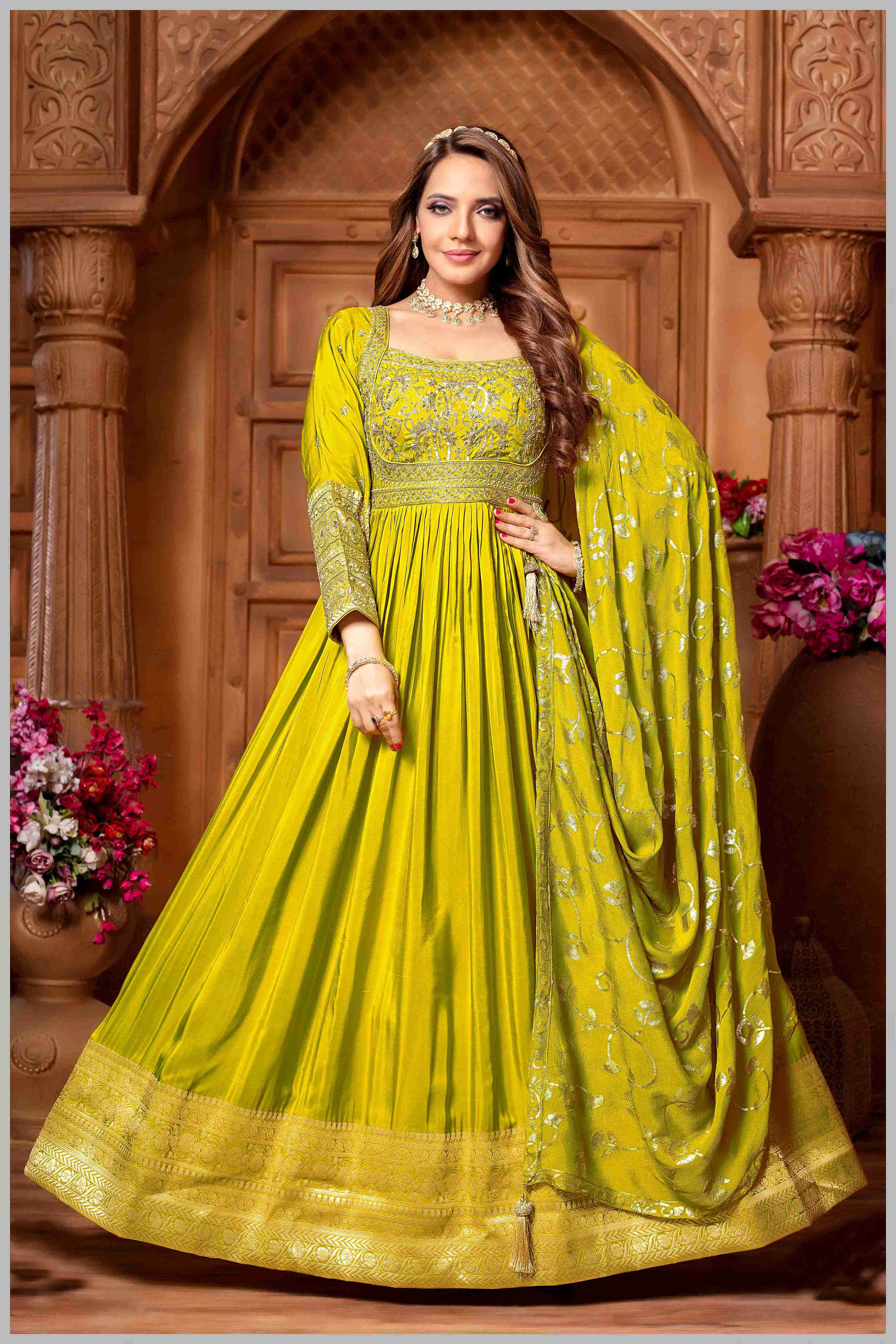 Liril Chinon/Daman Gazi Anarkali Gown with Hand Embroidery