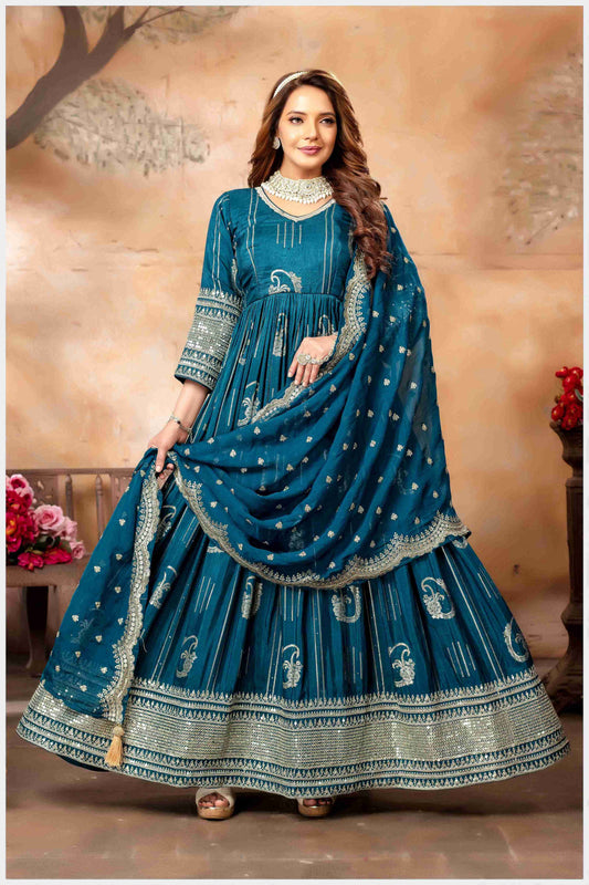 Step Into the Spotlight in This TealBlue Silk Anarkali Gown