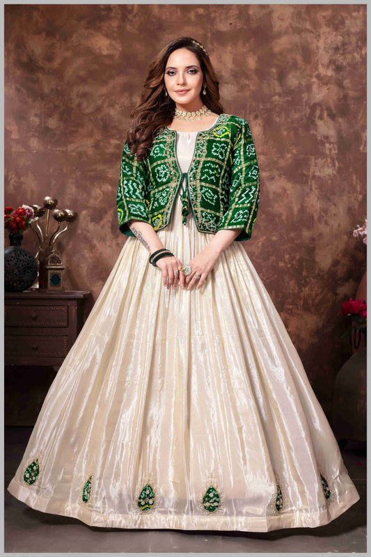 Cream Tissue Anarkali with Green Gaji Jacket