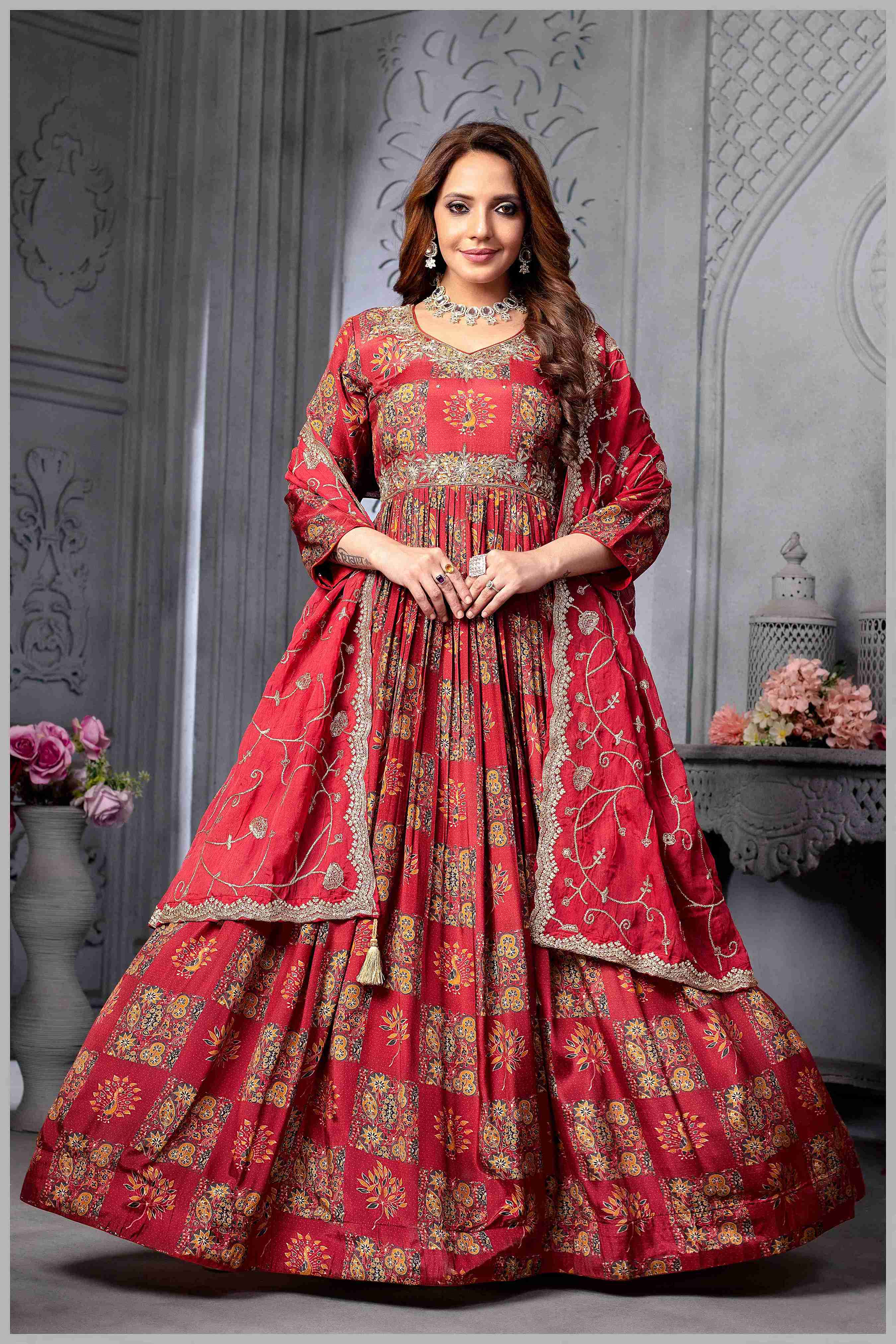 Red Muslin Printed Anarkali Gown with Embroidered Net Dupatta