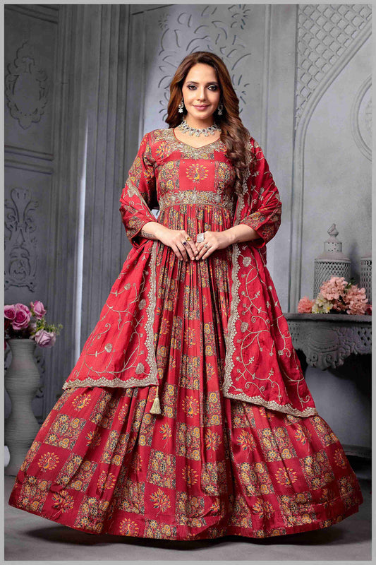 Red Muslin Printed Anarkali Gown with Embroidered Net Dupatta