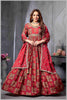 Red Muslin Printed Anarkali Gown with Embroidered Net Dupatta