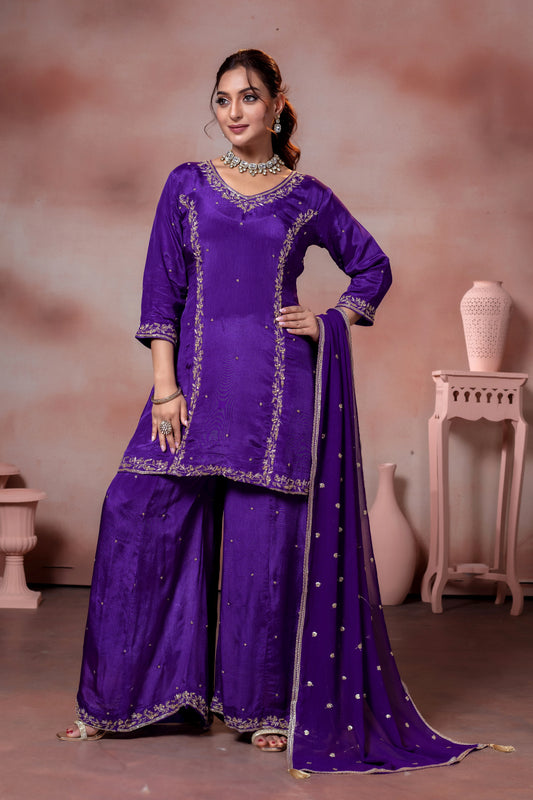 Zardozi Work Kurta Palazzo Set with Dupatta