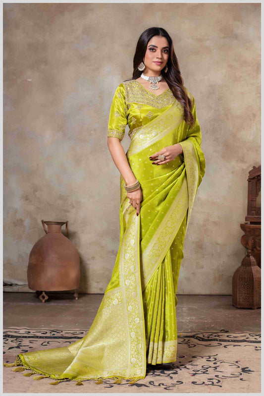 Mehendi Tissue Silk Saree with Golden Zari Weaving