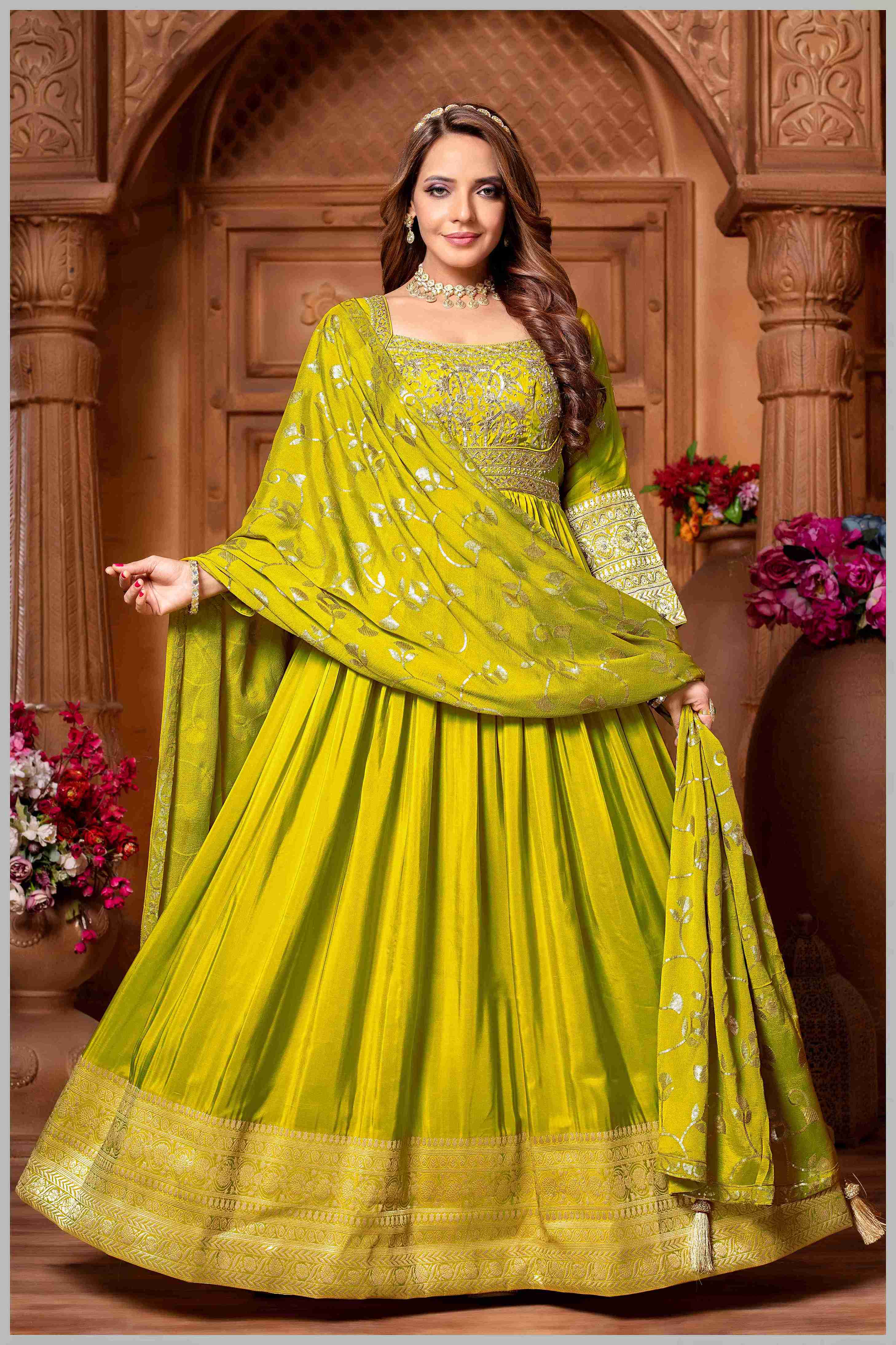 Liril Chinon/Daman Gazi Anarkali Gown with Hand Embroidery