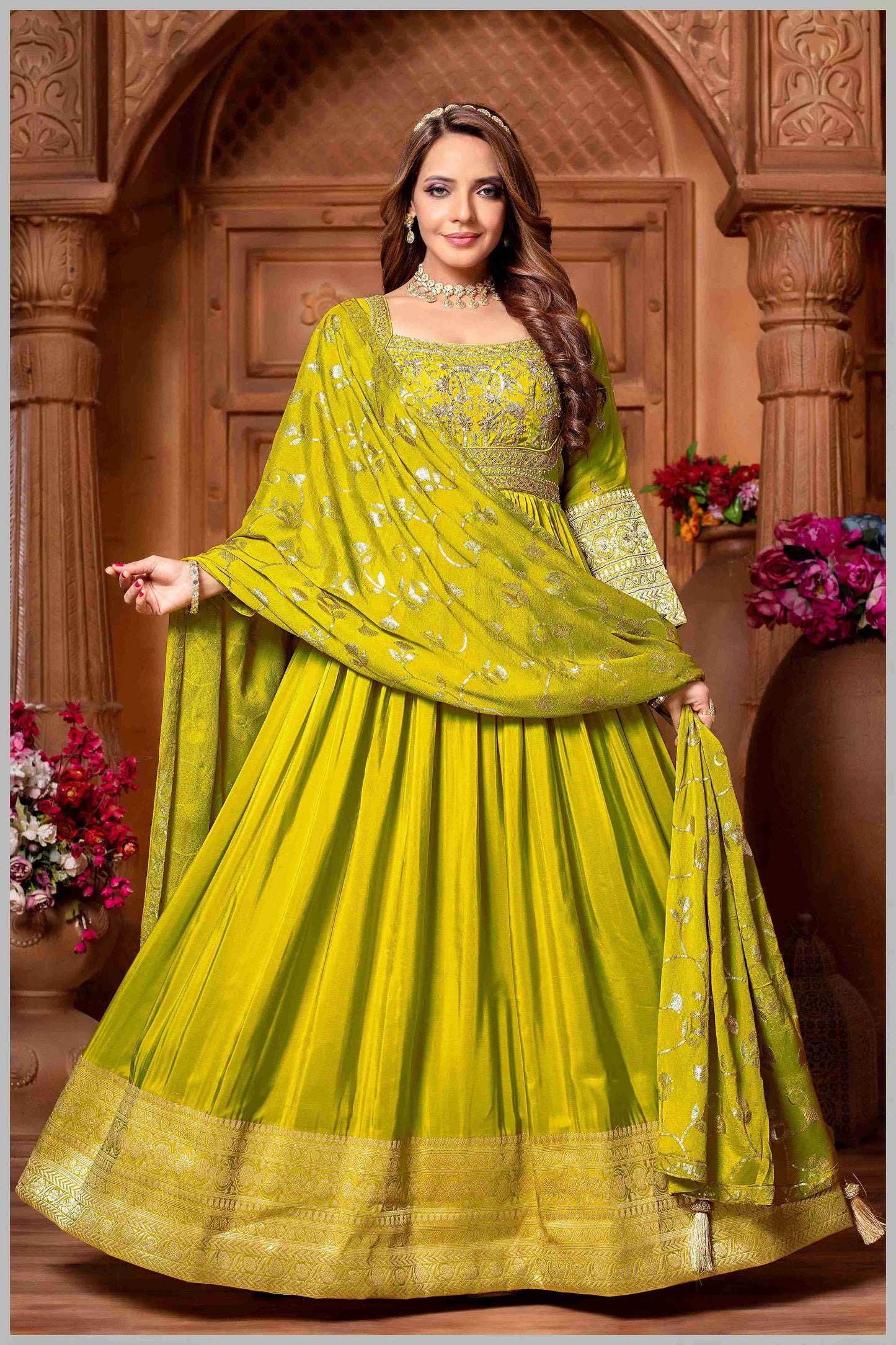 Liril Chinon/Daman Gazi Anarkali Gown with Hand Embroidery