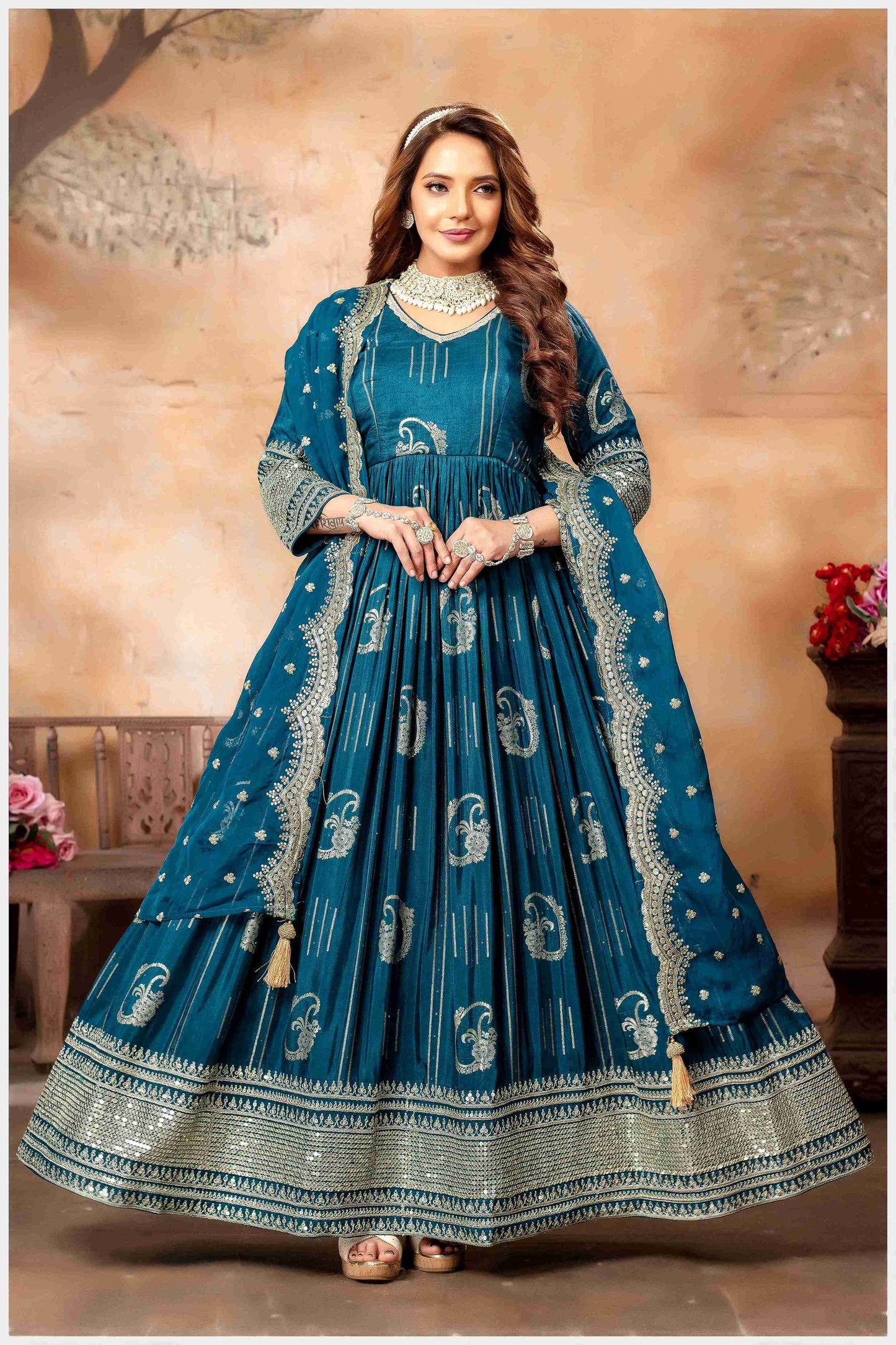 Step Into the Spotlight in This TealBlue Silk Anarkali Gown