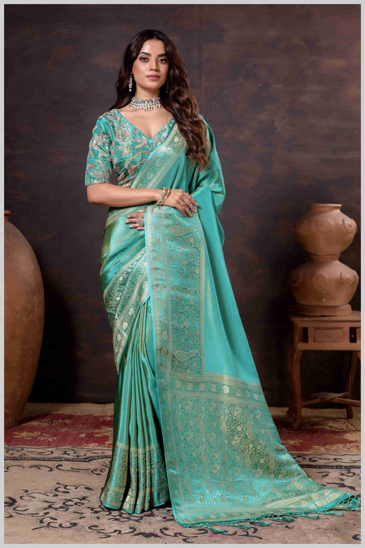 Elegant Aqua Green Designer Tissue Saree with Embellished Blouse.