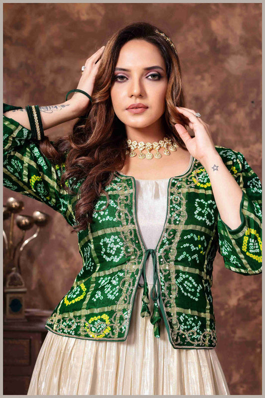 Cream Tissue Anarkali with Green Gaji Jacket