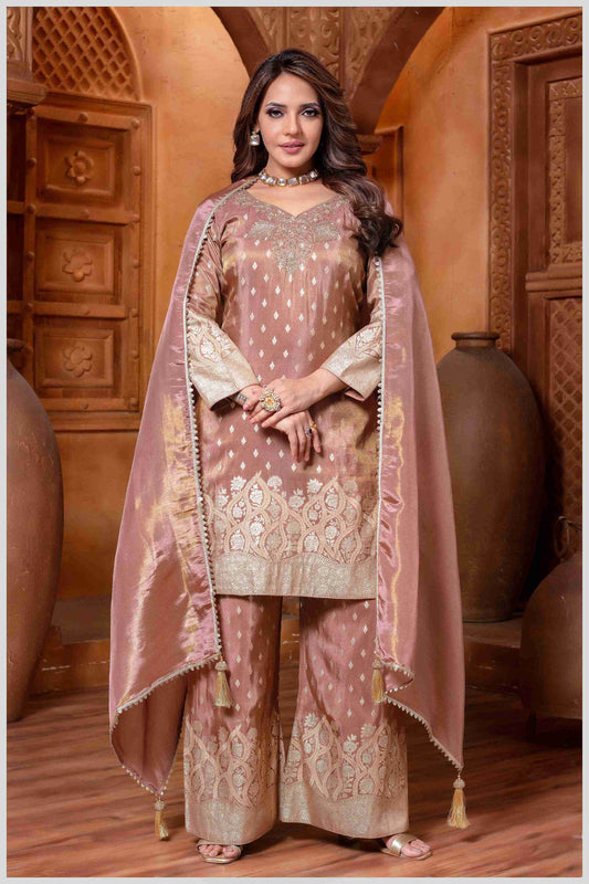 Chocolate Tissue Silk Plazo Set with Golden Zari Accents