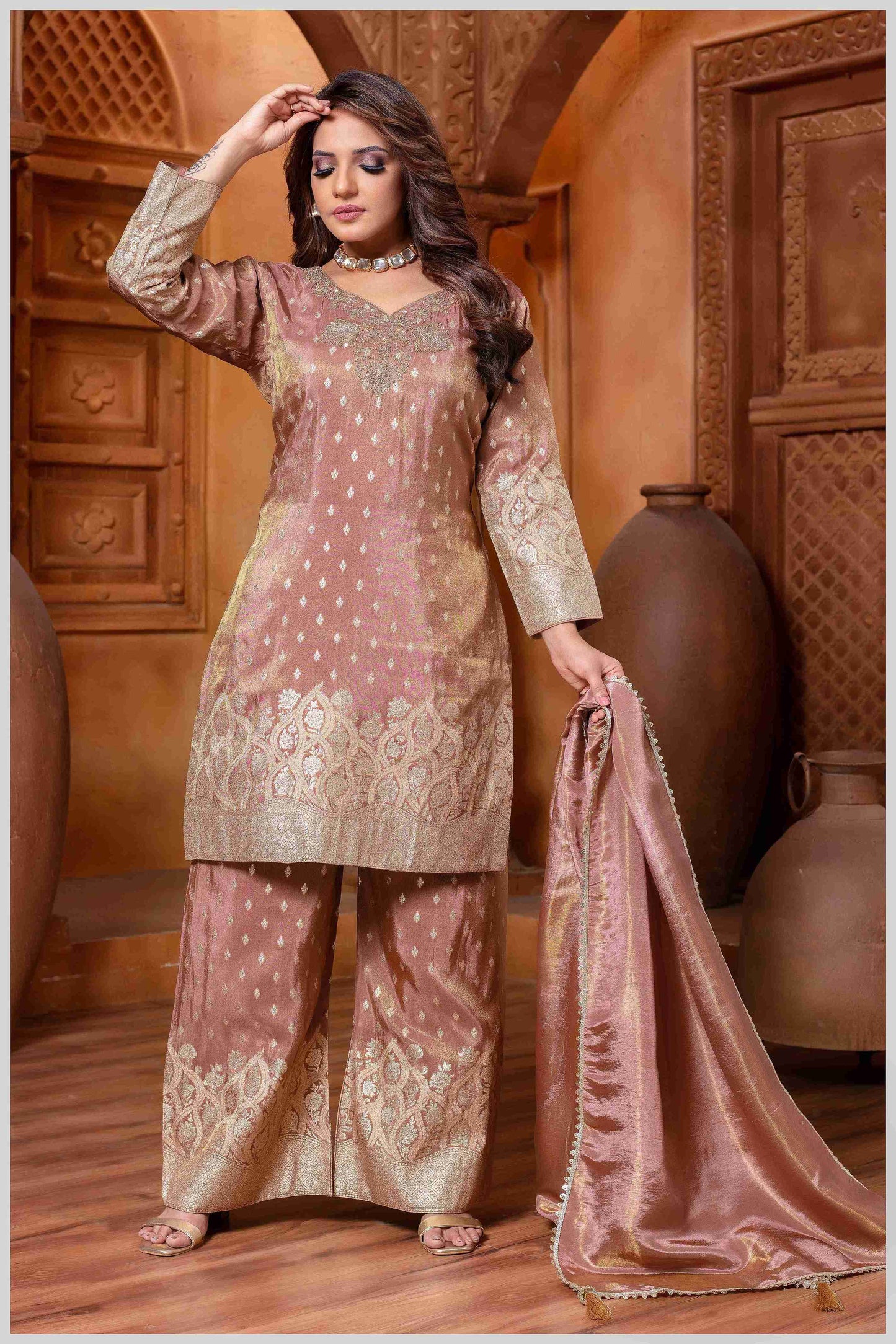Chocolate Tissue Silk Plazo Set with Golden Zari Accents