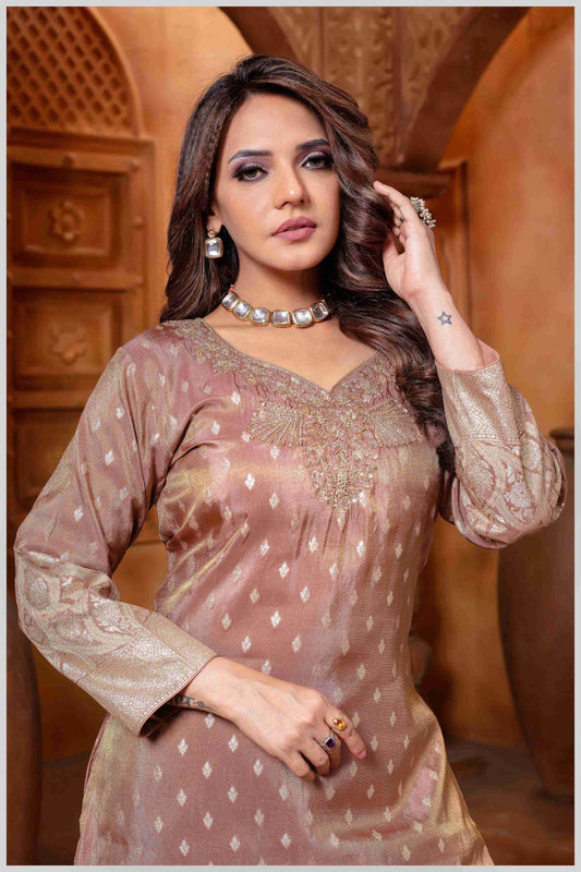 Chocolate Tissue Silk Plazo Set with Golden Zari Accents