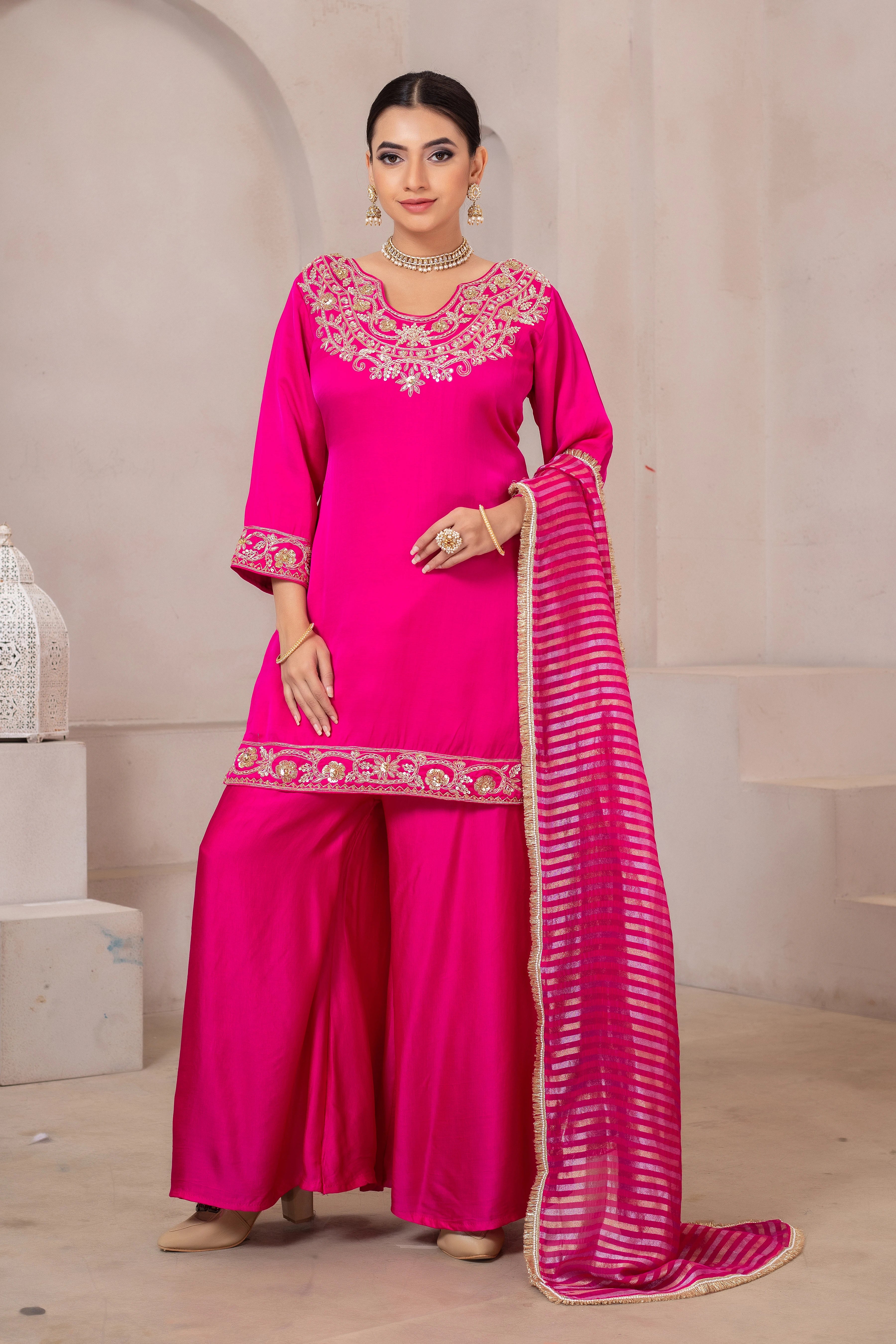 Pure Linen Zardozi Handwork Palazzo Set with Dupatta