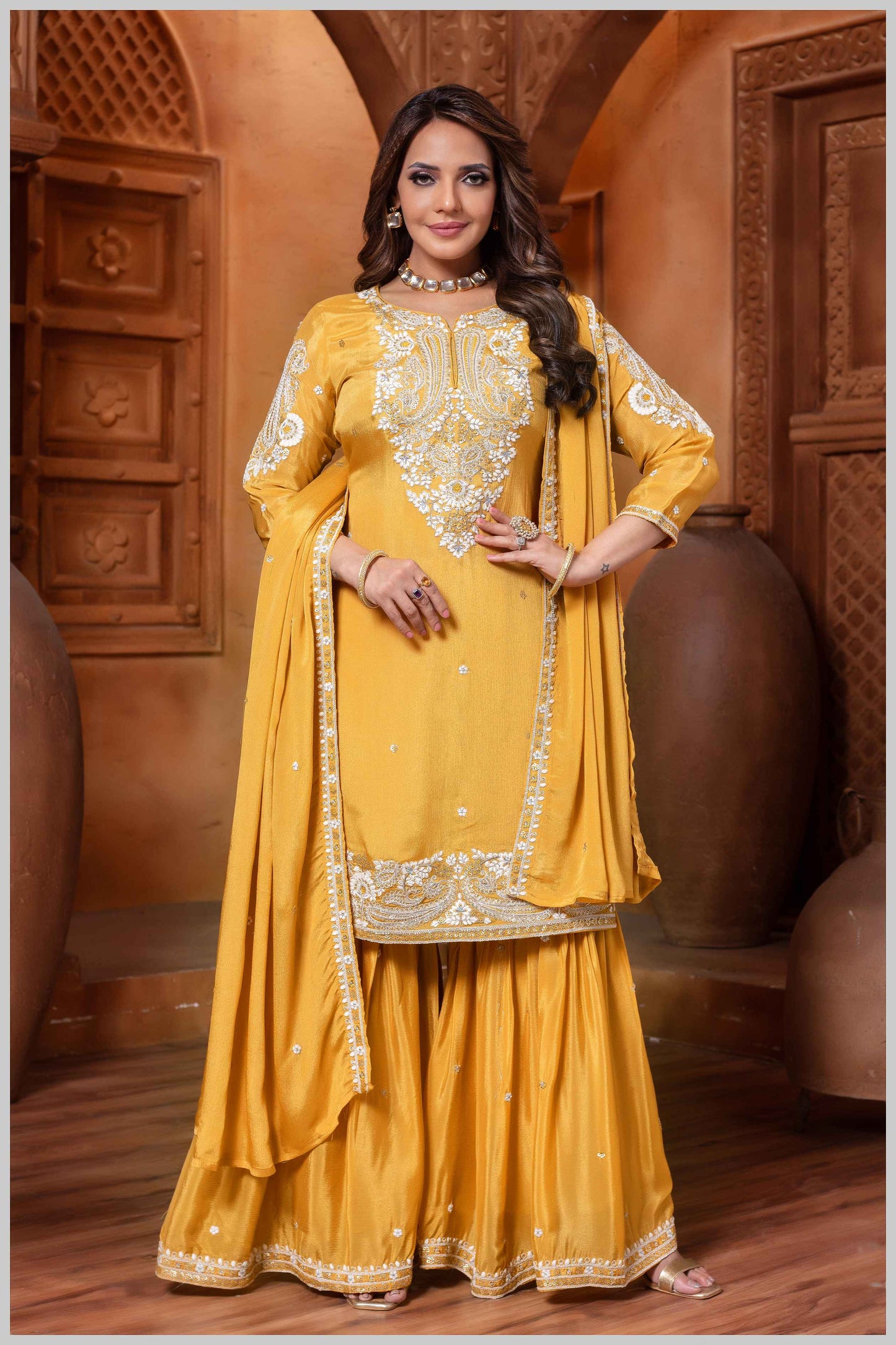 Mustard Yellow Plazo Set with Pearl & Sequin Embroidery