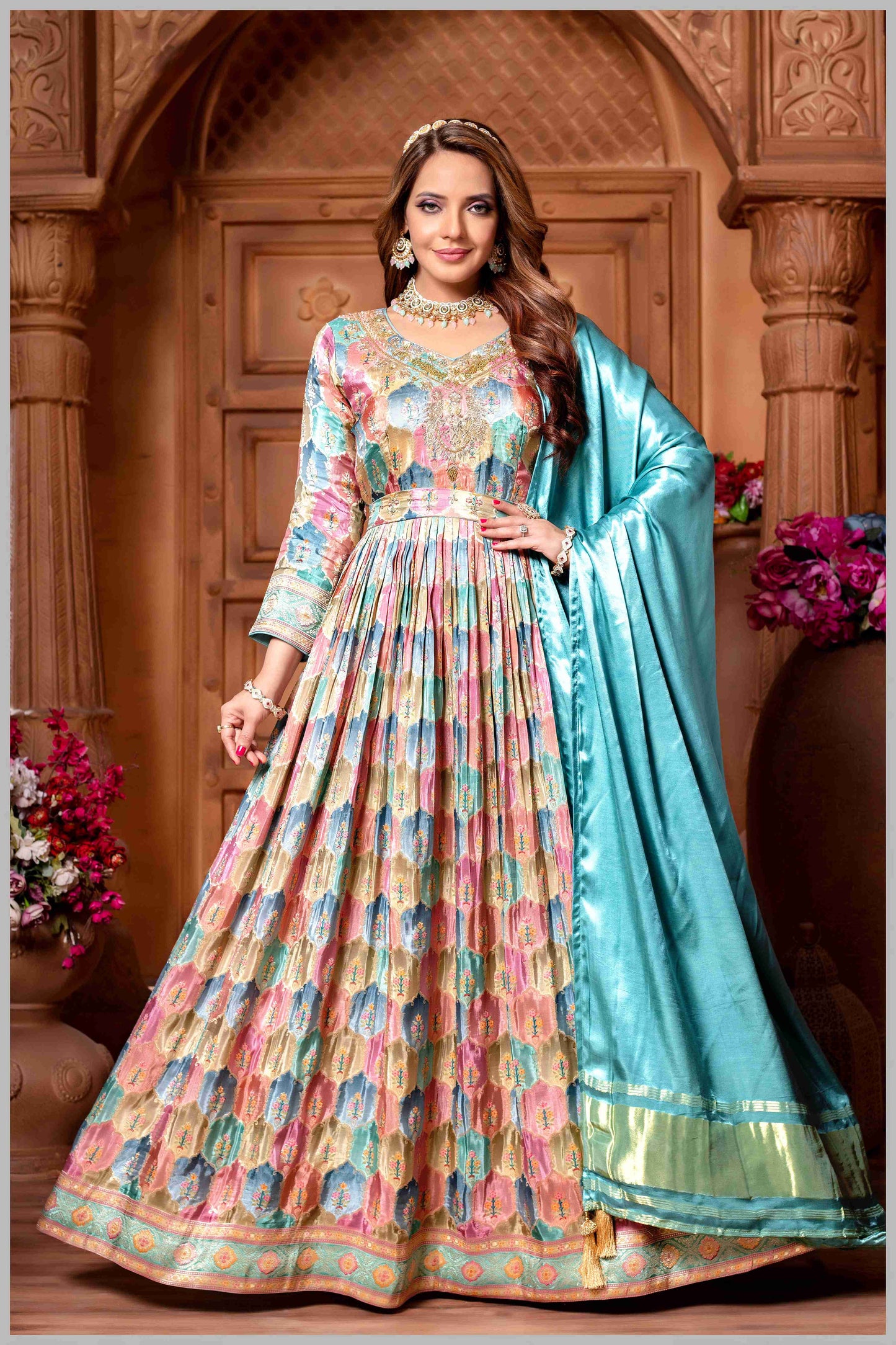 Blue Woven Anarkali with Contrasting Silk Dupatta