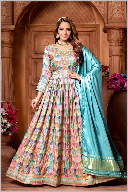 Blue Woven Anarkali with Contrasting Silk Dupatta
