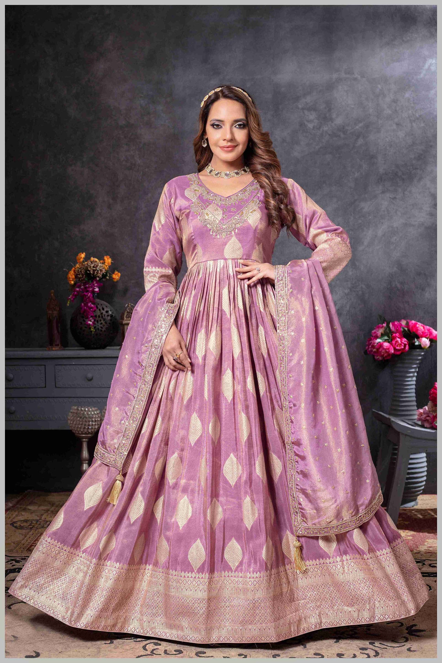Mauve Gown with Golden Zari Weaving & Embroidered Dupatta