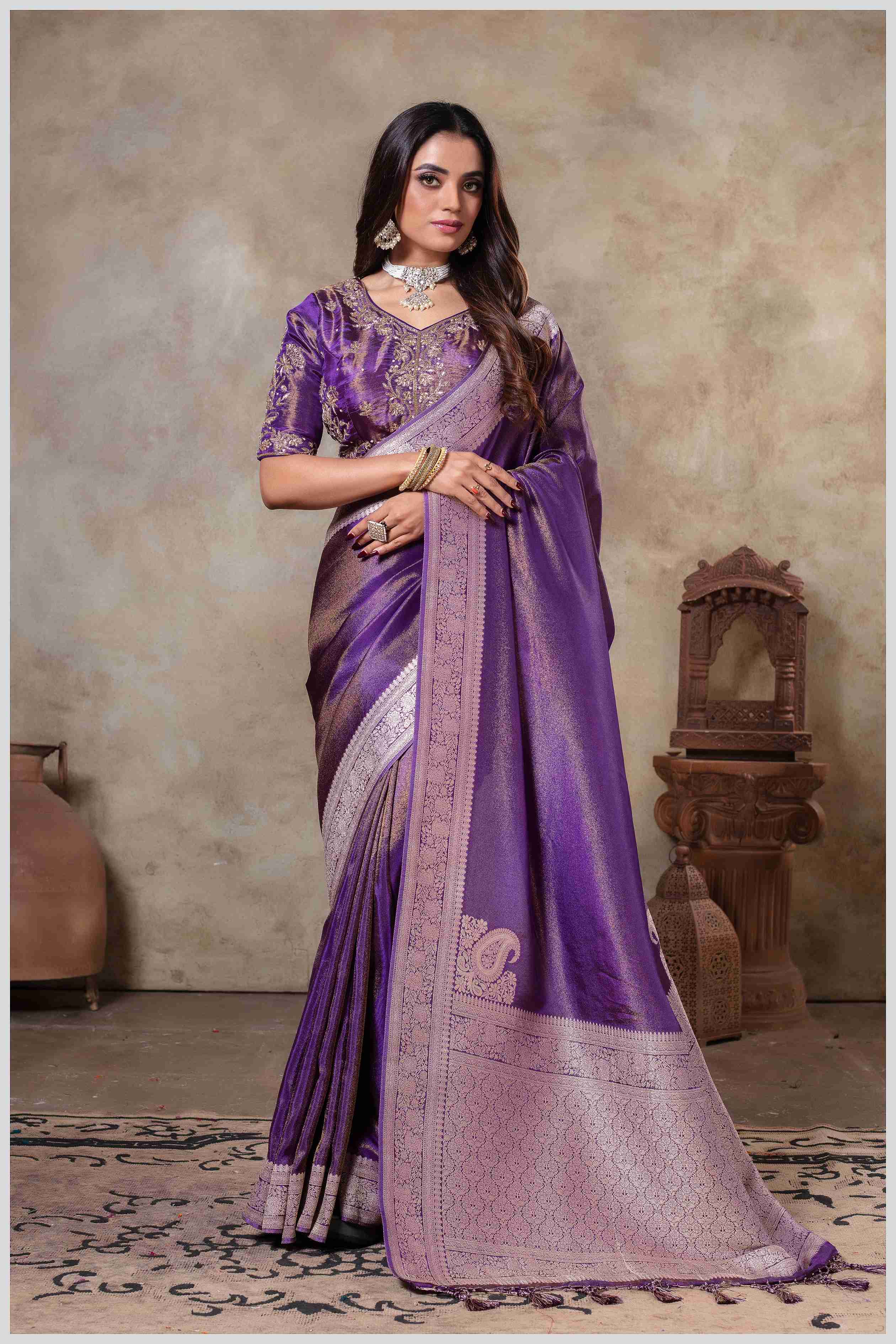 Zari Elegance in Purple Tissue Saree With Work Blouse.