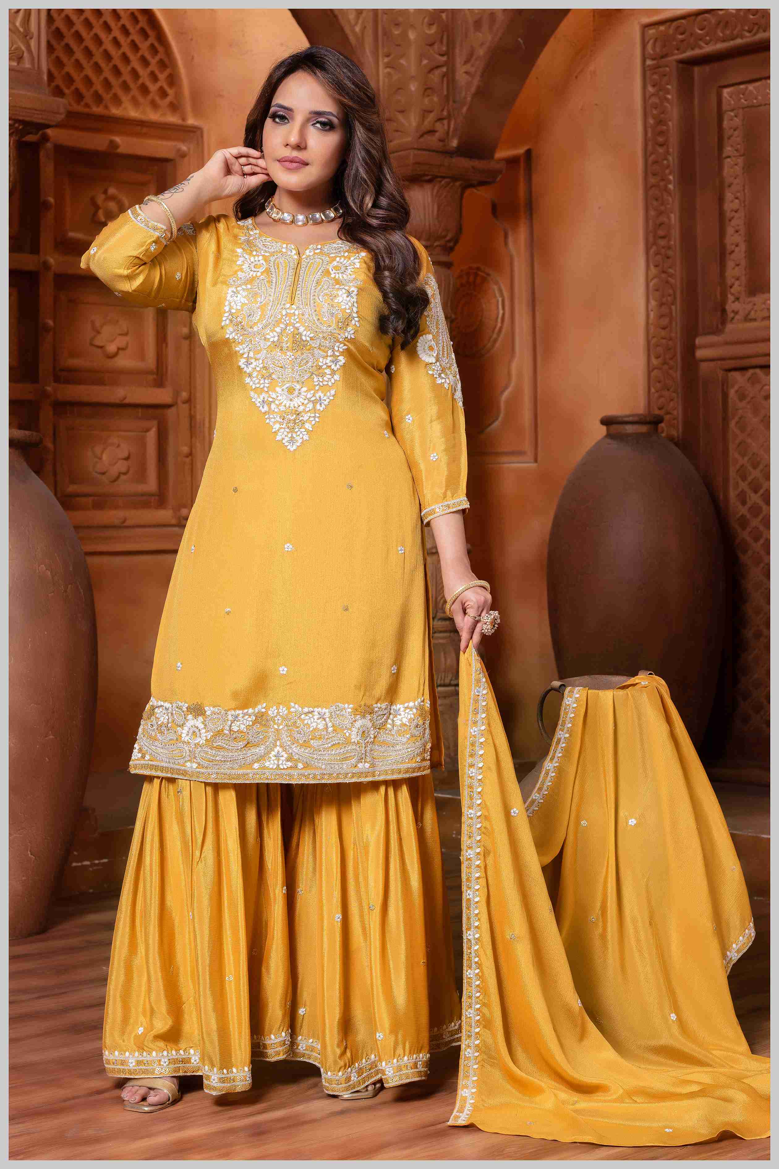 Mustard Yellow Plazo Set with Pearl & Sequin Embroidery