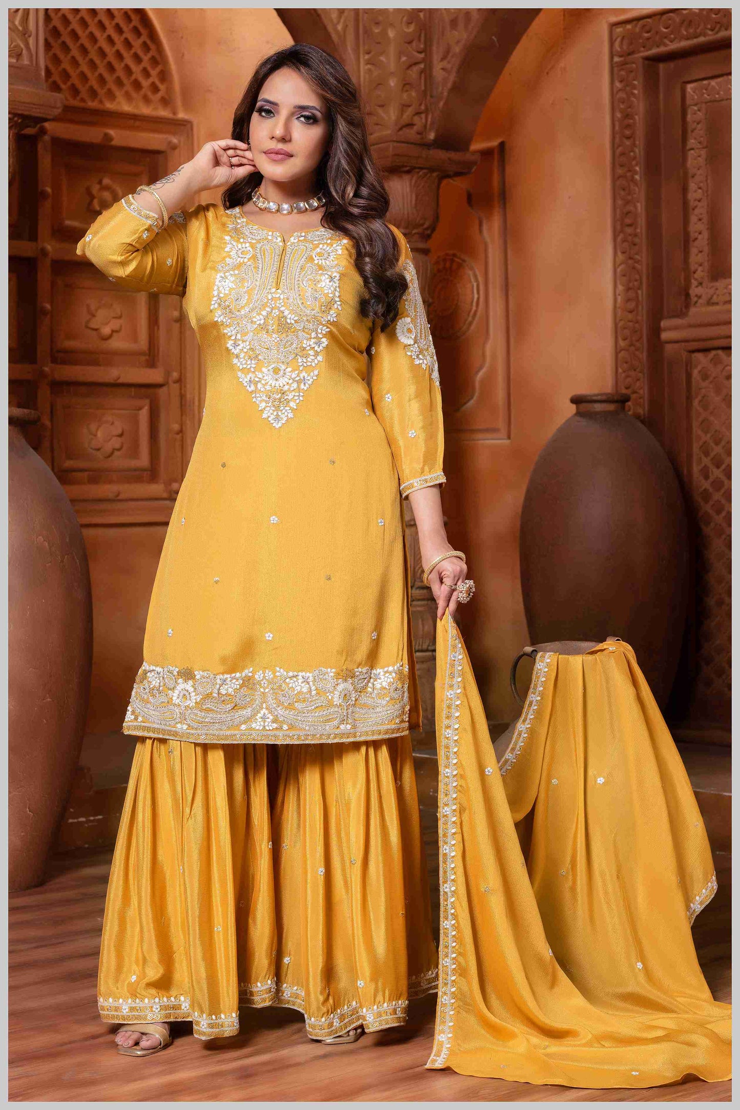 Mustard Yellow Plazo Set with Pearl & Sequin Embroidery