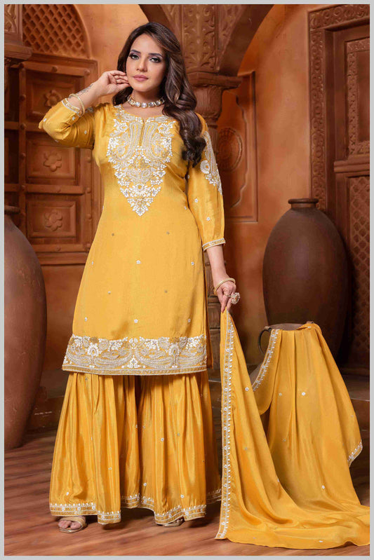 Mustard Yellow Plazo Set with Pearl & Sequin Embroidery