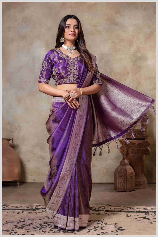 Zari Elegance in Purple Tissue Saree With Work Blouse.