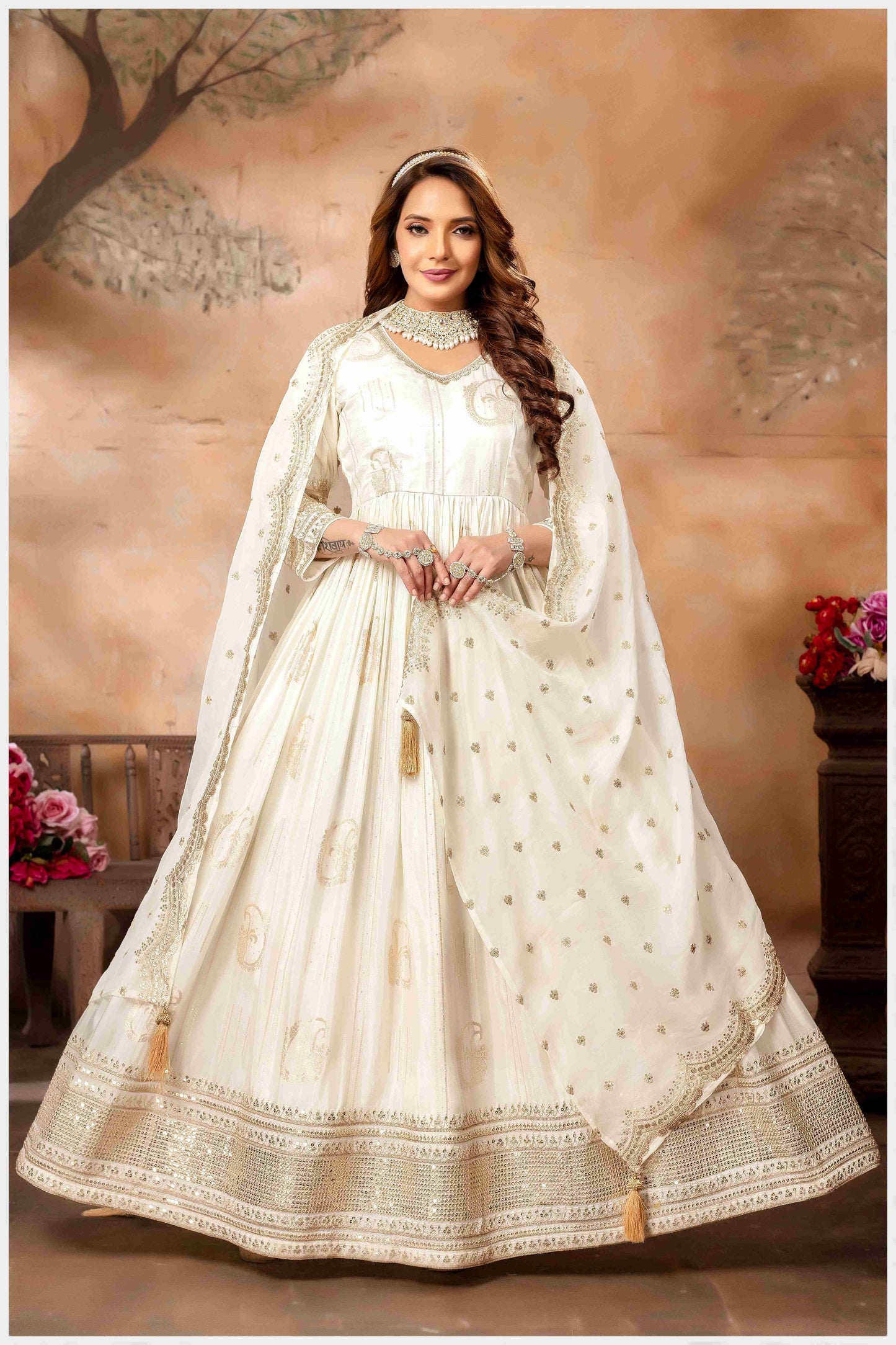 Step Into the Spotlight in This Offwhite Silk Anarkali Gown