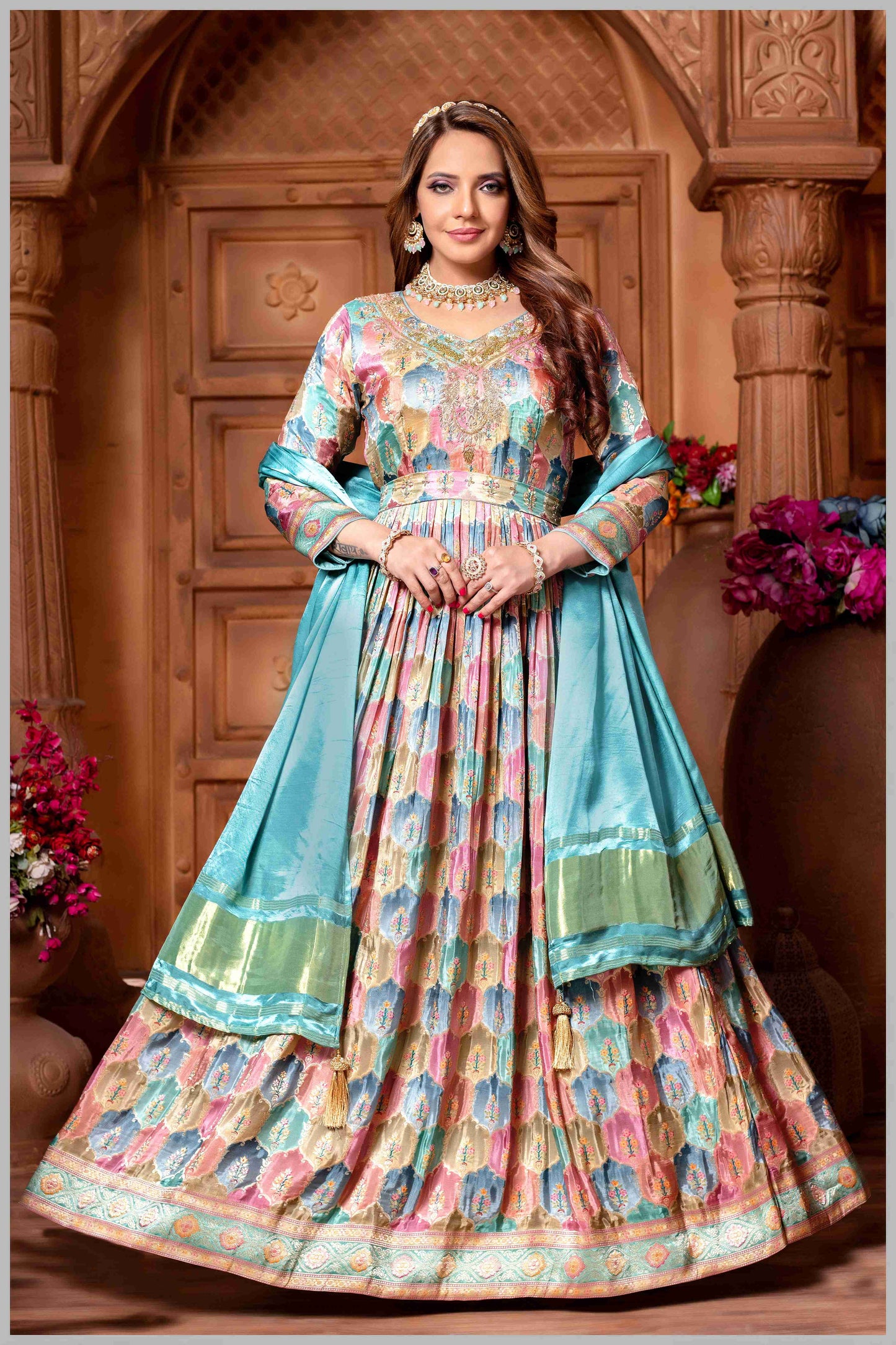 Blue Woven Anarkali with Contrasting Silk Dupatta