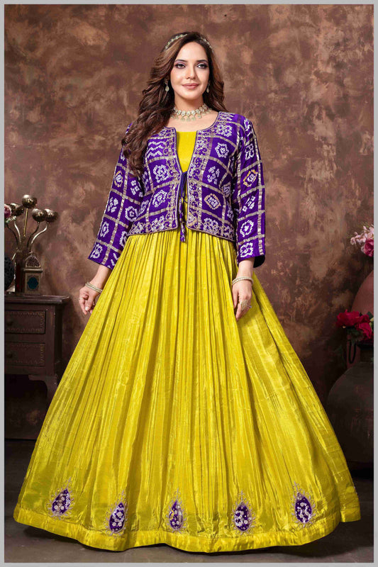 Mustard Tissue Anarkali with Purple Ikat Jacket