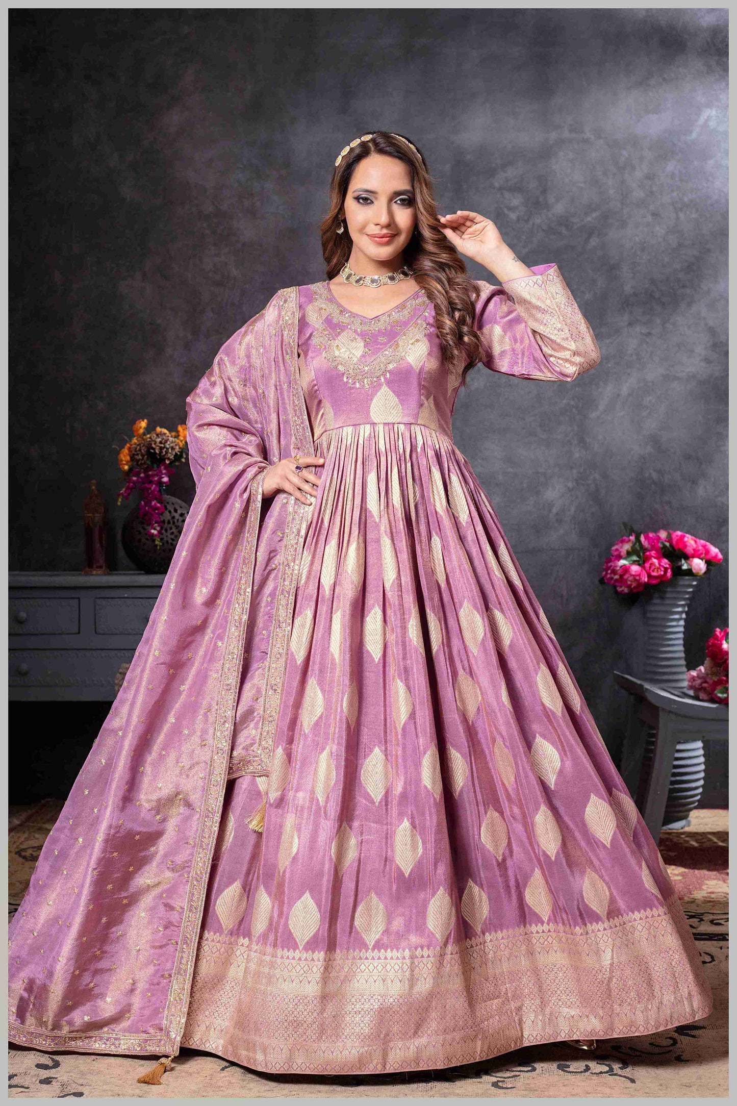 Mauve Gown with Golden Zari Weaving & Embroidered Dupatta