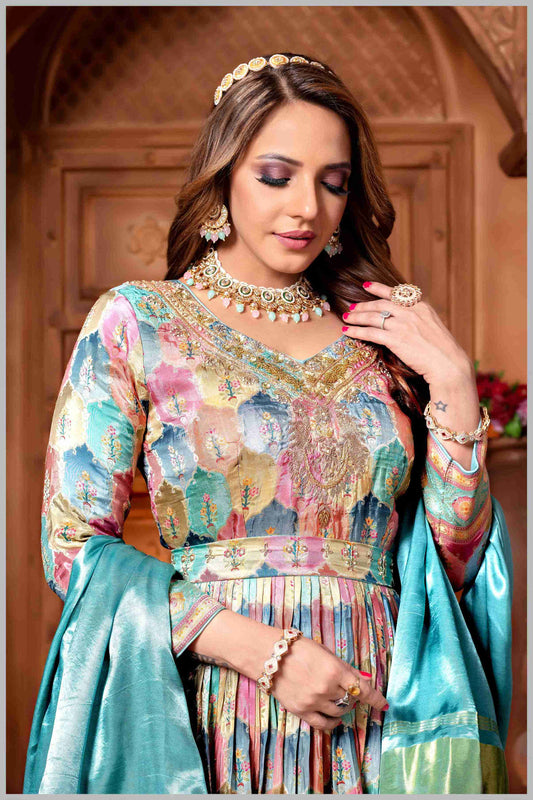 Blue Woven Anarkali with Contrasting Silk Dupatta