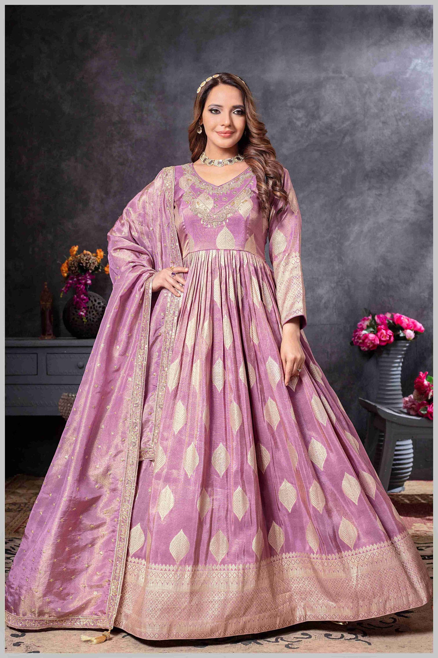 Mauve Gown with Golden Zari Weaving & Embroidered Dupatta