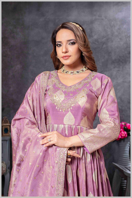 Mauve Gown with Golden Zari Weaving & Embroidered Dupatta