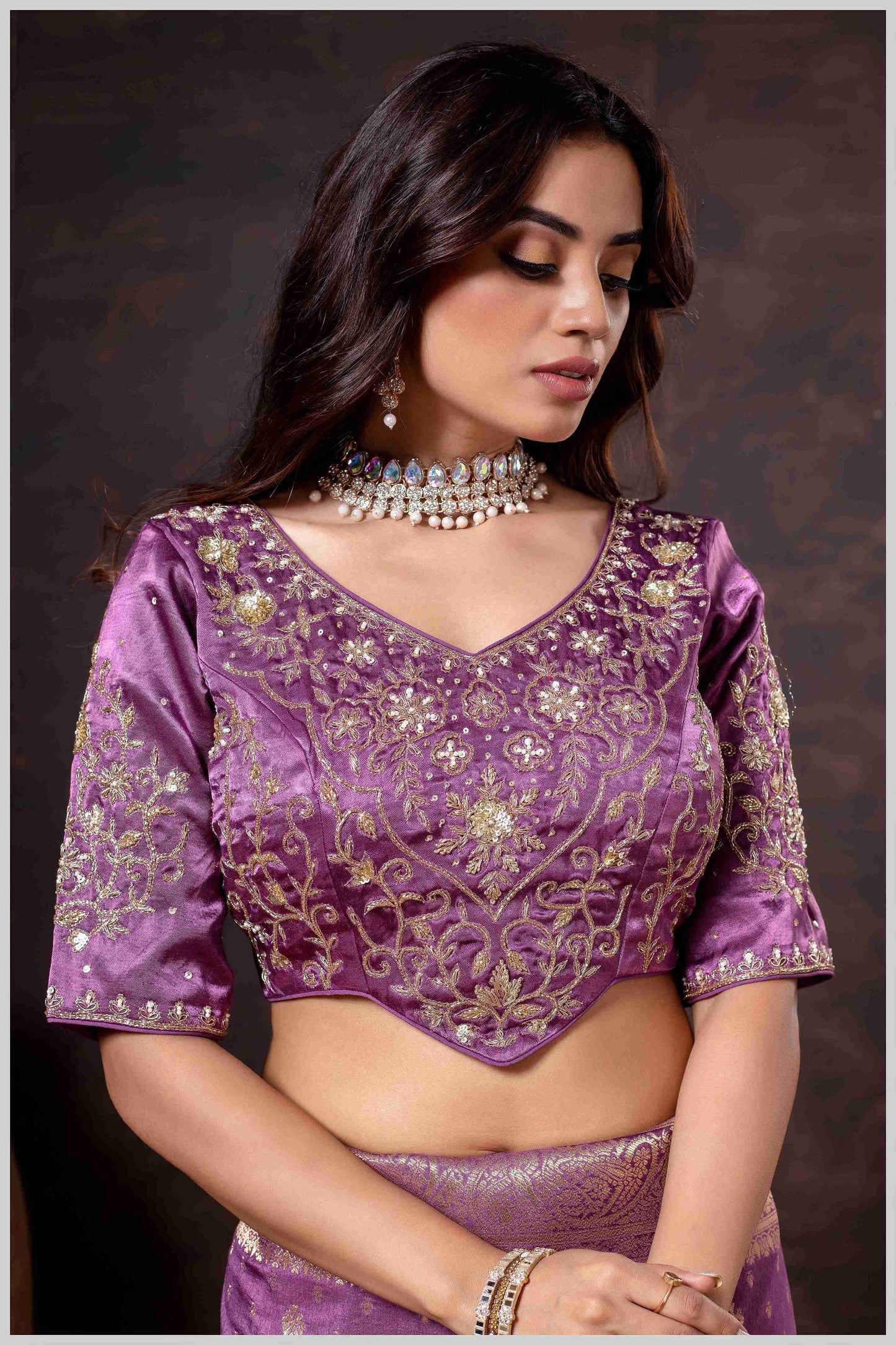 Vibrant magenta Zari Banarasi Silk Saree with Embroidered Stitched Blouse