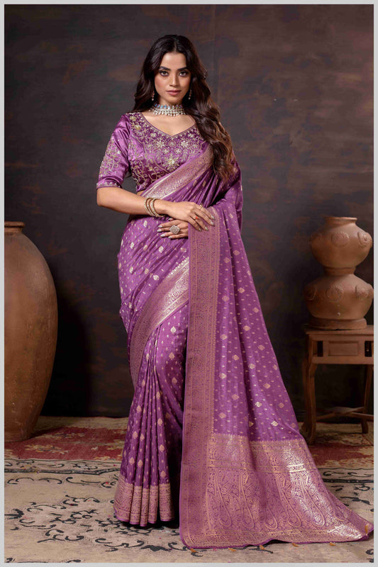 Vibrant magenta Zari Banarasi Silk Saree with Embroidered Stitched Blouse