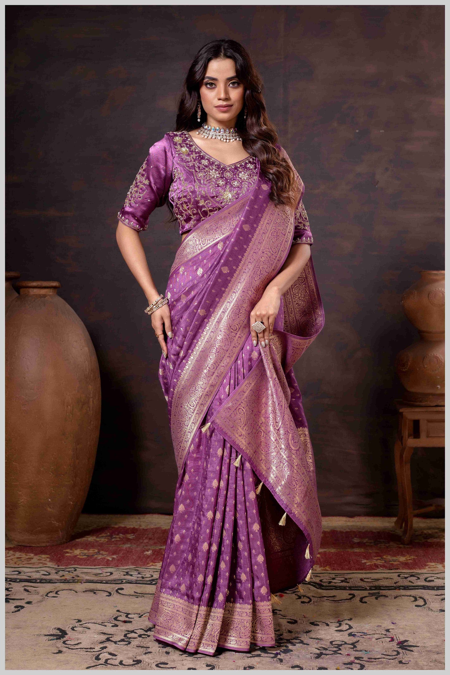 Vibrant magenta Zari Banarasi Silk Saree with Embroidered Stitched Blouse