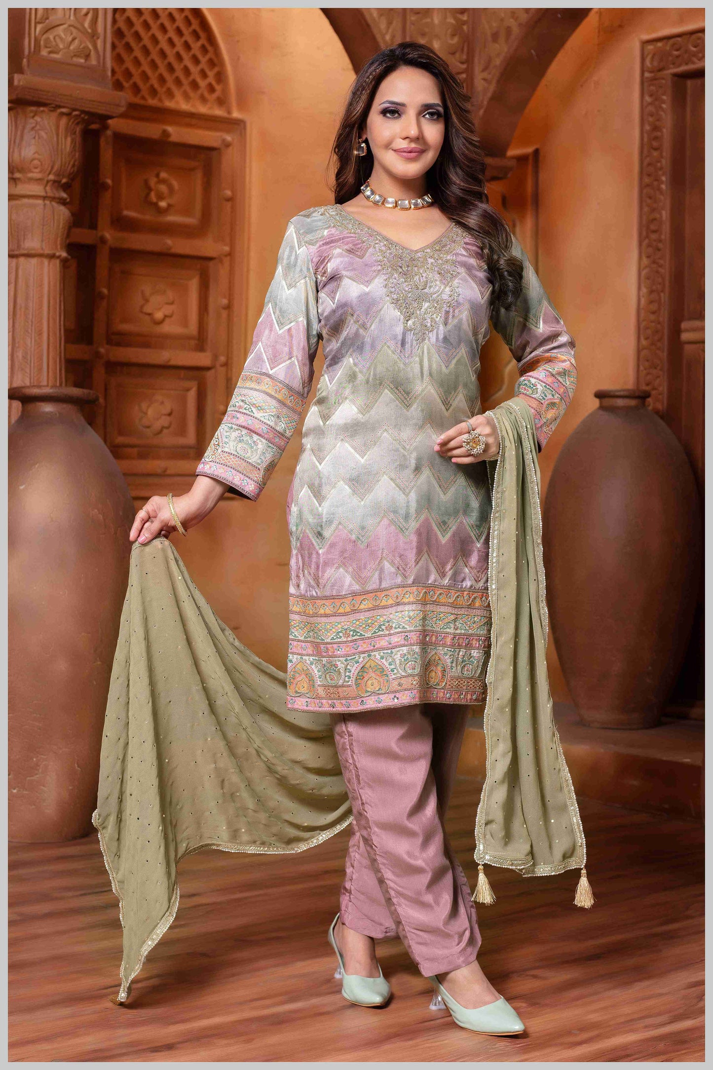 Chevron Kurta Set with Subtle Pastel Accents