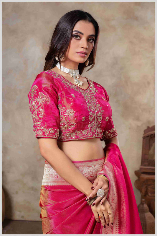 Zari Elegance in Pink Tissue Saree With Work Blouse.