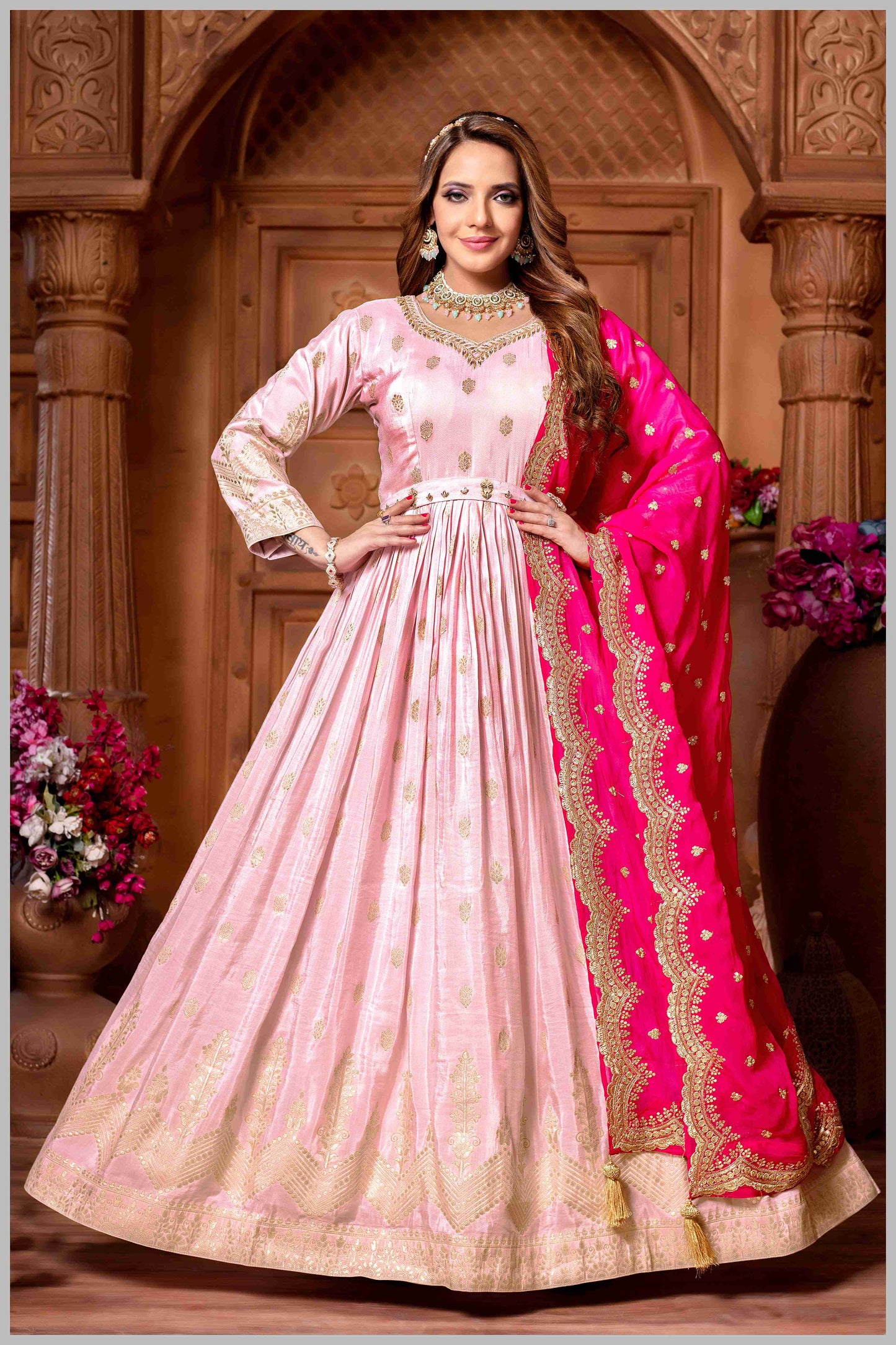 Baby Pink Anarkali with Contrasting Rani Pink Dupatta