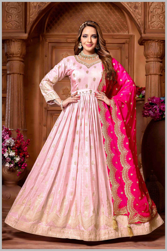 Baby Pink Anarkali with Contrasting Rani Pink Dupatta