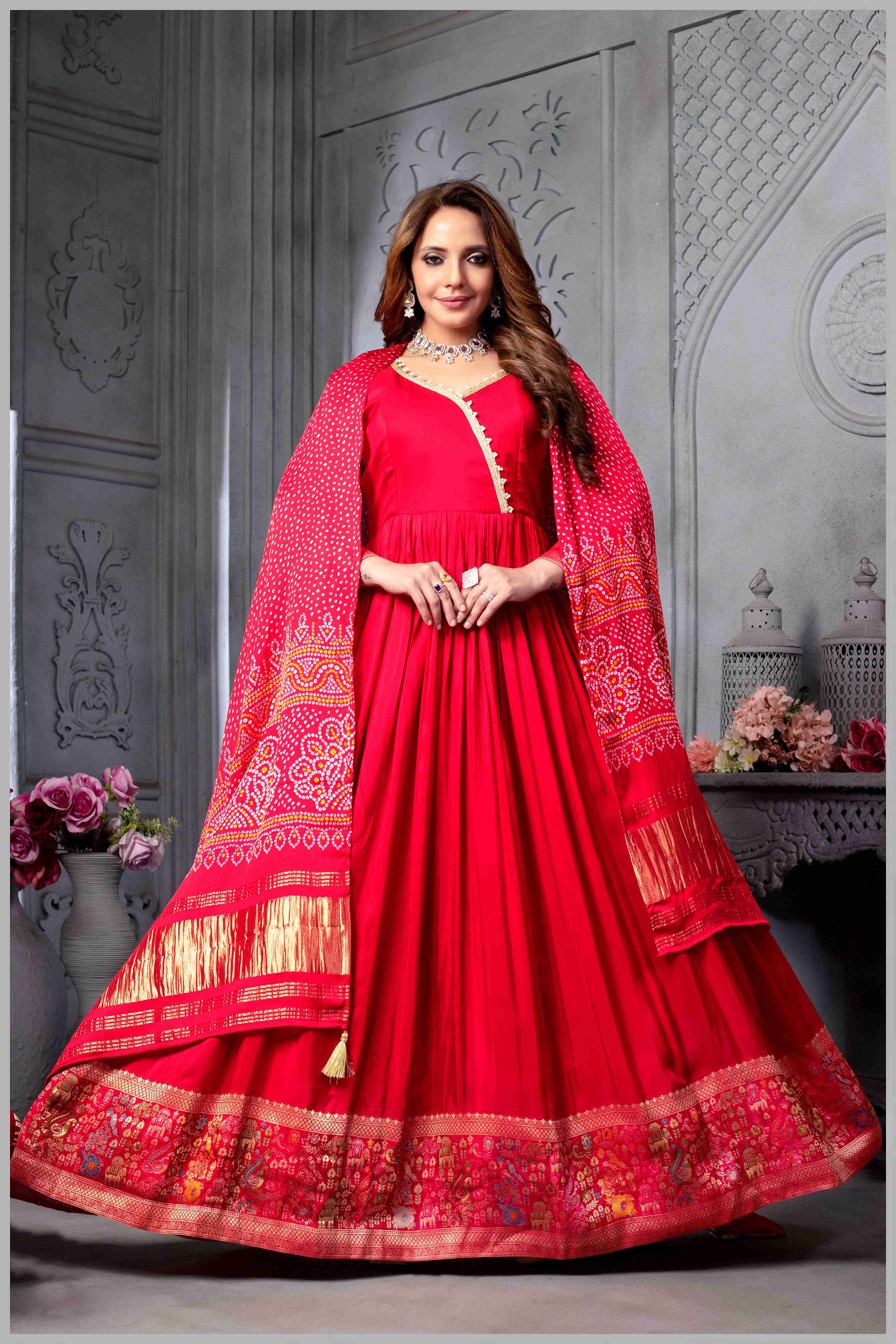 Red Anarkali Gown with Traditional Bandhej Dupatta