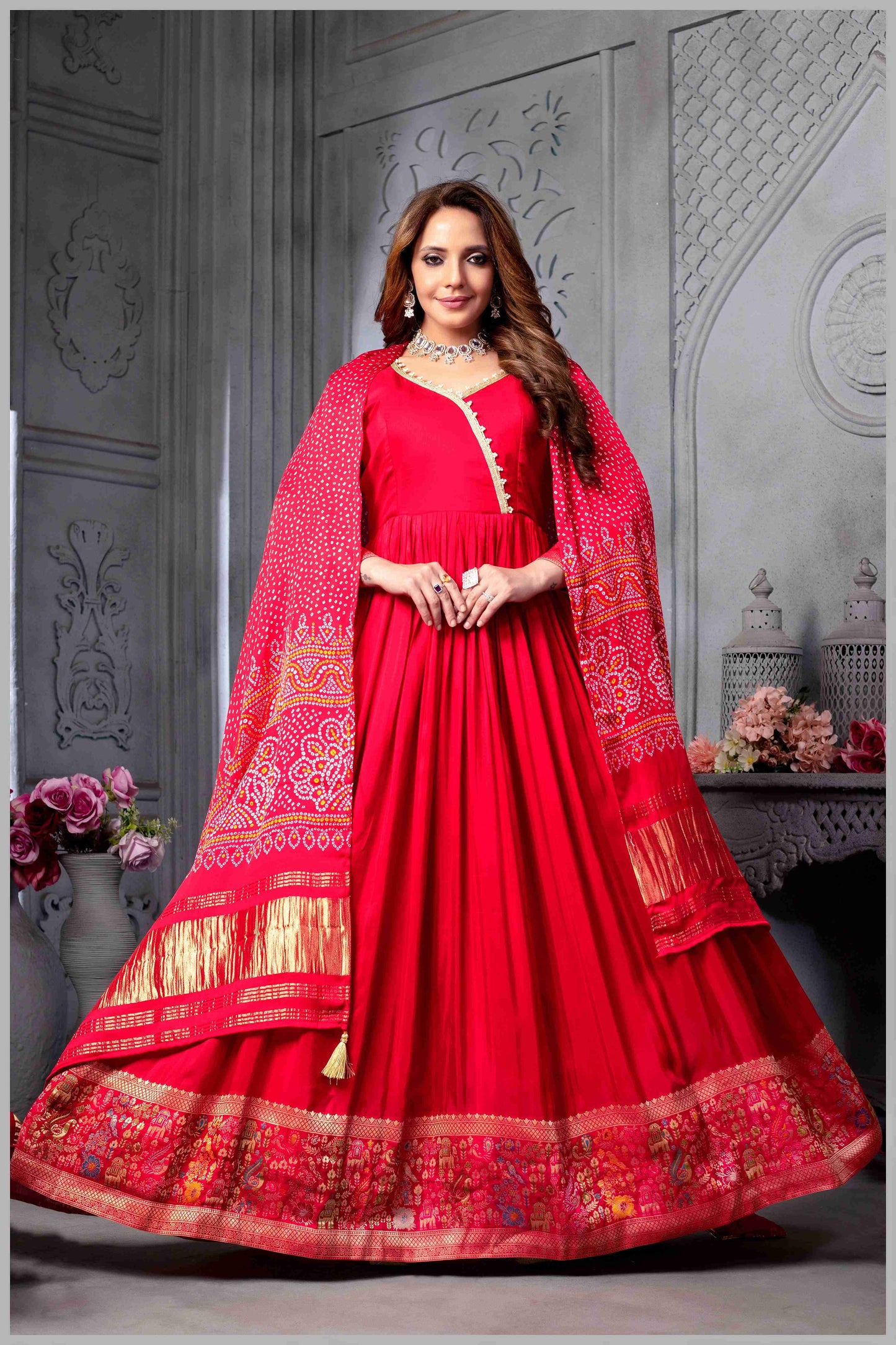 Red Anarkali Gown with Traditional Bandhej Dupatta