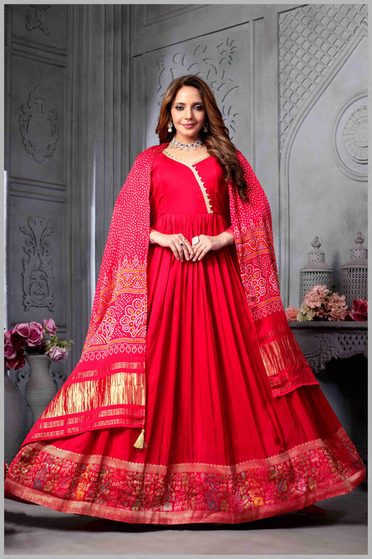 Red Anarkali Gown with Traditional Bandhej Dupatta