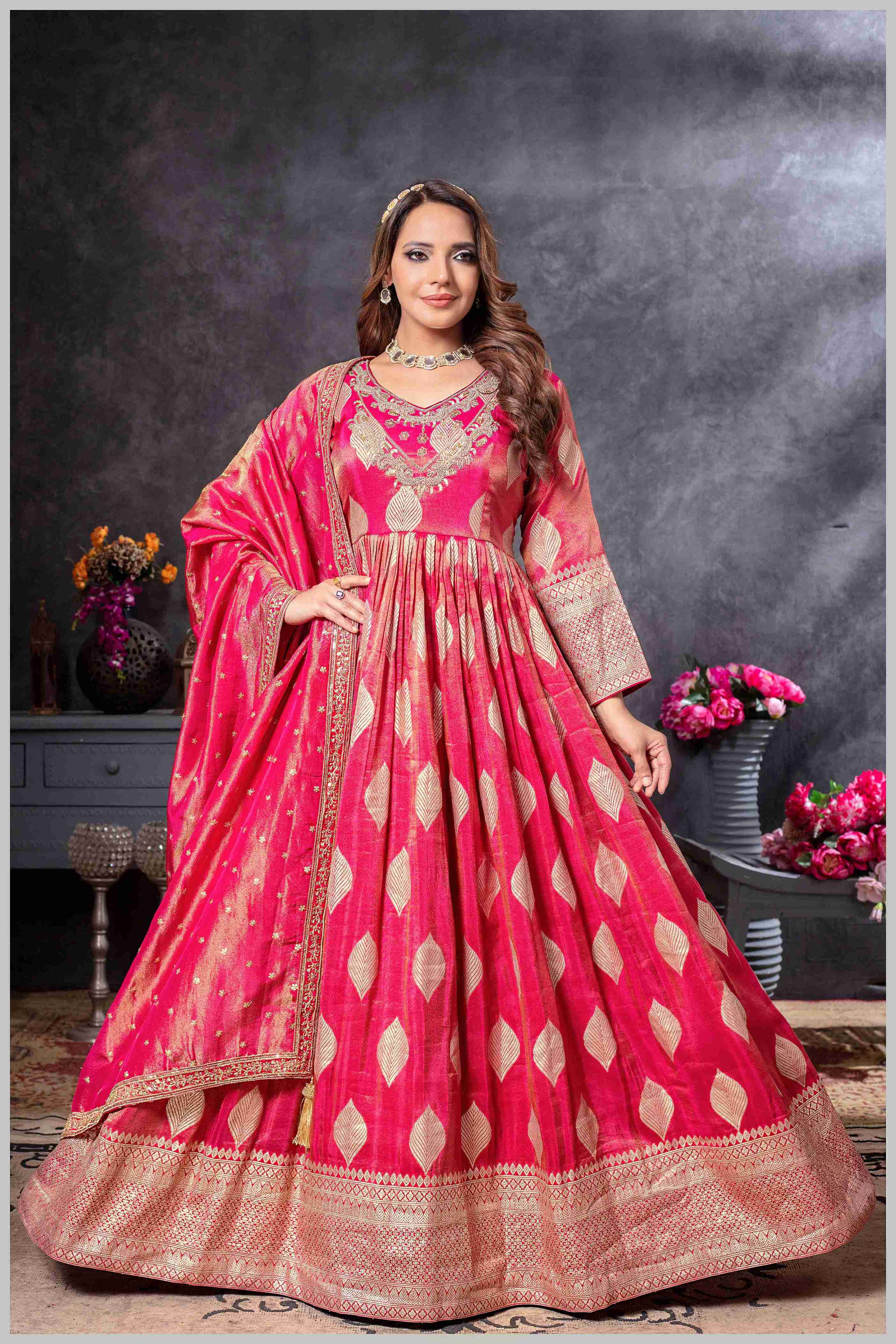 Pink Gown with Golden Zari Weaving & Embroidered Dupatta