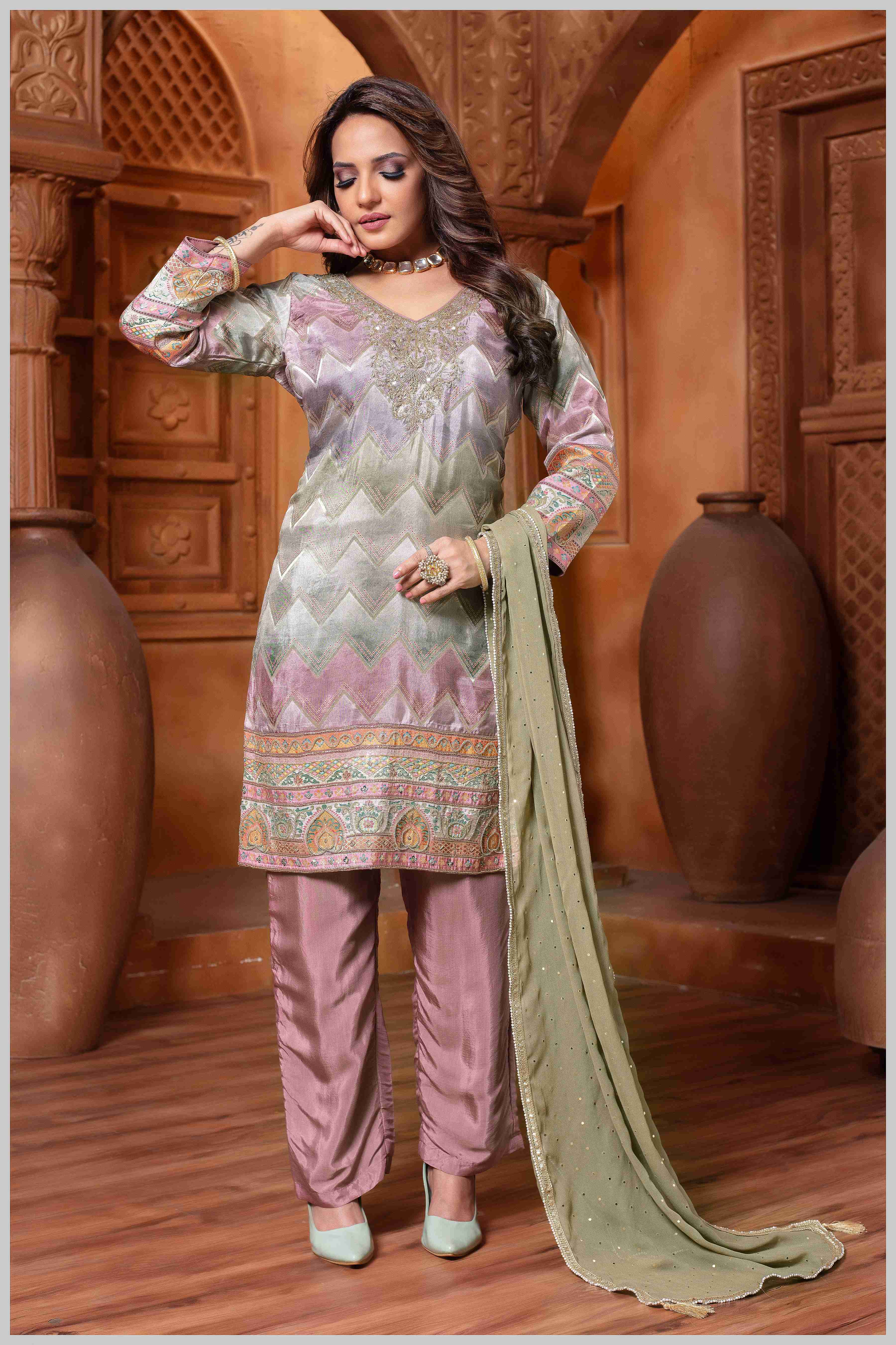 Chevron Kurta Set with Subtle Pastel Accents