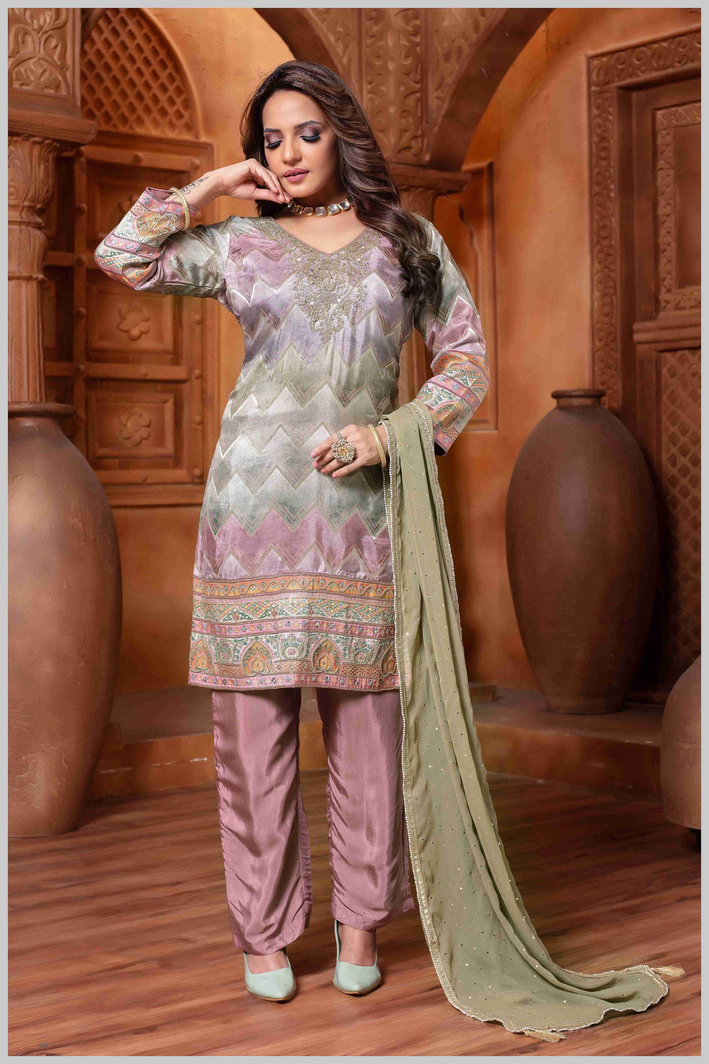 Chevron Kurta Set with Subtle Pastel Accents