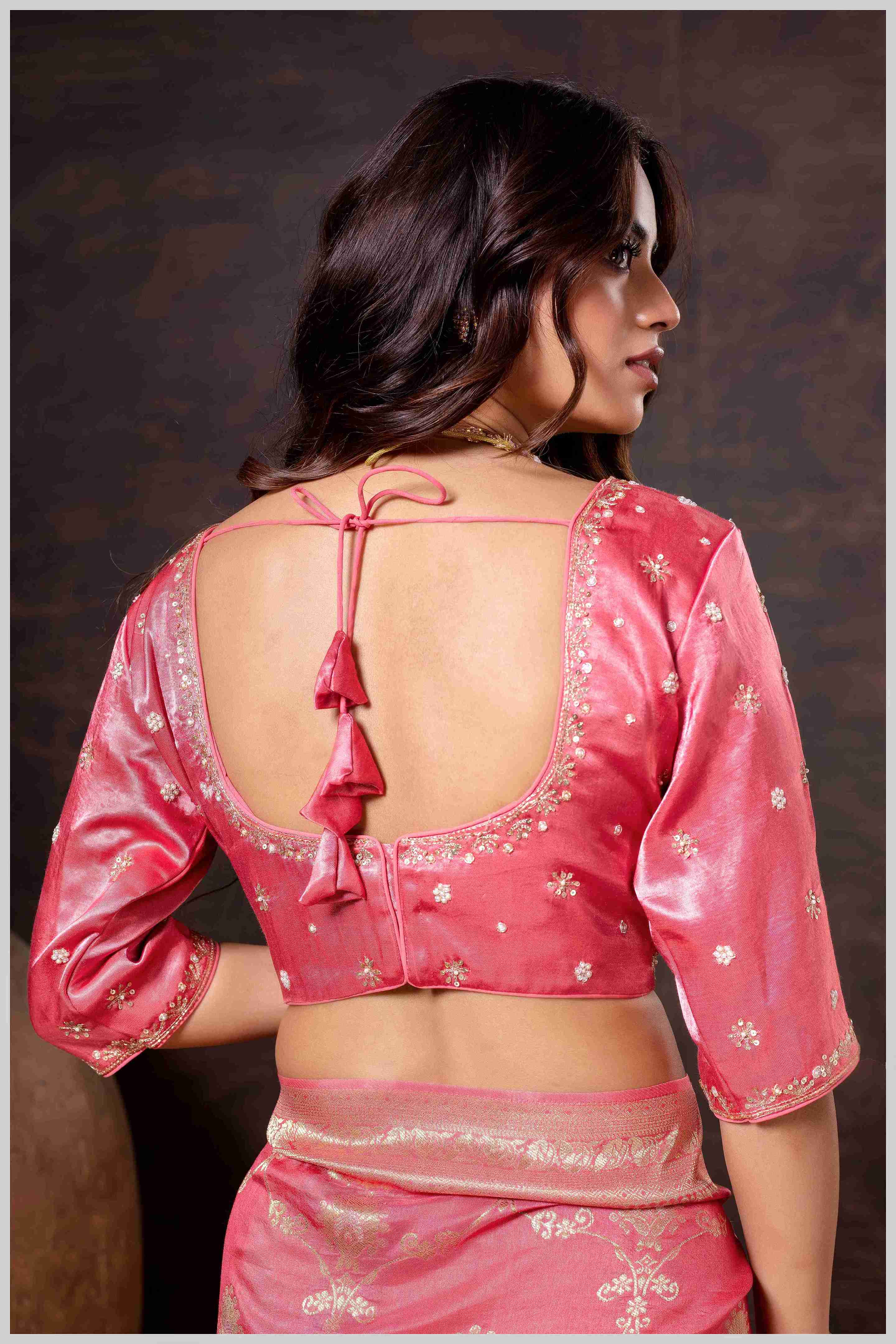 Regal Peach Zari Woven Silk Saree with Stitched Designer Blouse.